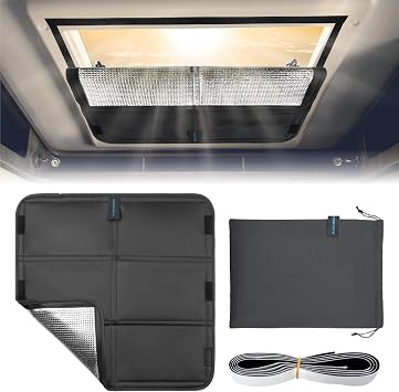 RV Skylight Shade - 16 x 16 Inch Foldable RV Window Shade Instant Cooling UV Protection Privacy Shade Universal RV Camper Skylight Shade Cover Black, PU Leather