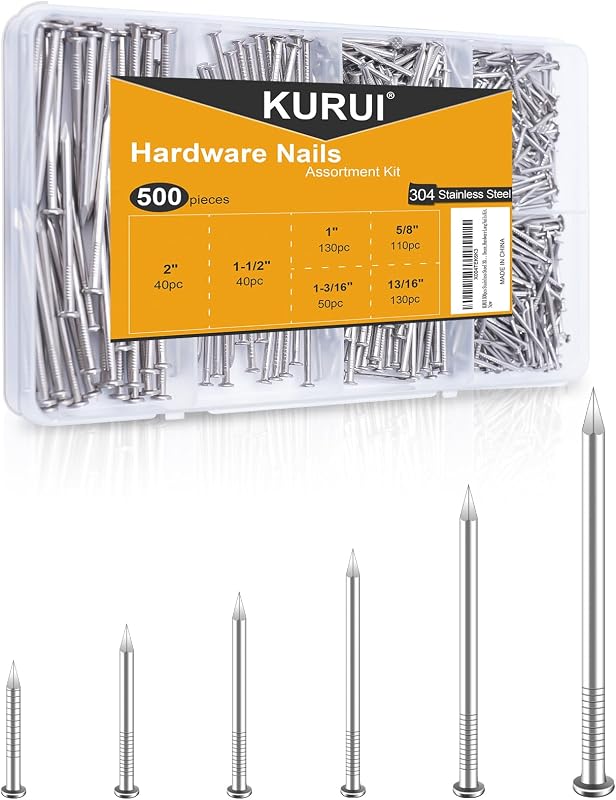500Pcs Stainless Steel Wall Nails Assortment Kit, 6 Sizes Long Nails for Hanging Picture Frames,Shelves, Wood, Drywall, Small Nails, Finishing Nail for Home Decor & Home Improvement