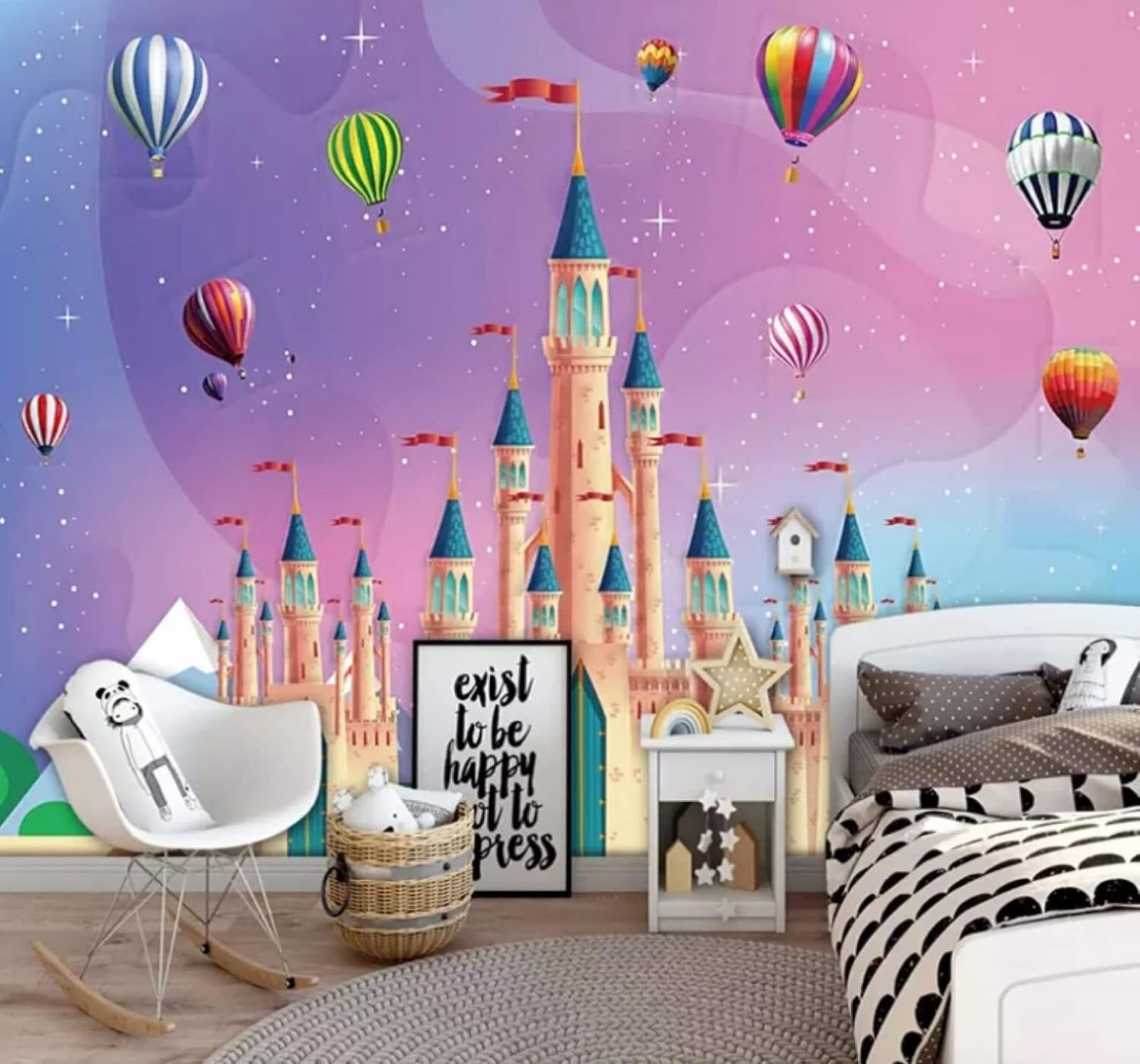 Xlming 200Cm×140Cm(B×H) Cartoon Beautiful Dreamlike Castle Hot Air Balloon 3D Wallpaper Luxury Home Dining Decor Paste Sofa Living Room The Wall For Bedroom Mural-200Cm×140Cm