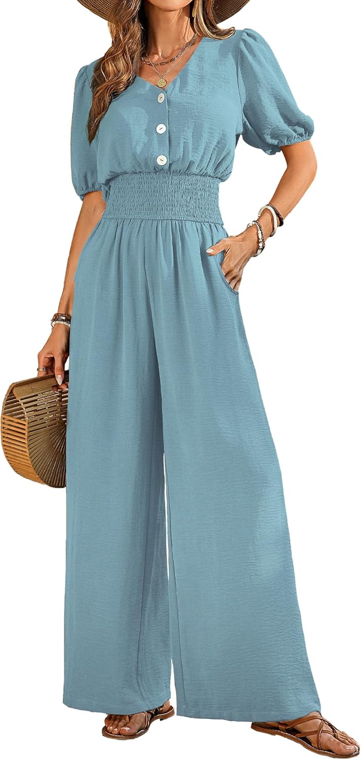 Womens Jumpsuits Short Sleeve V Neck Dressy Wide Leg Romper