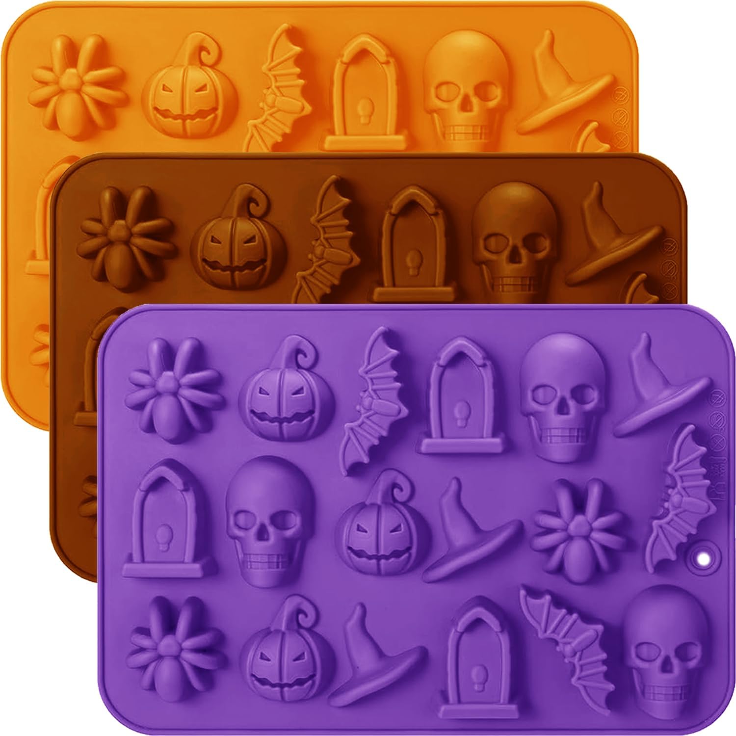 Halloween Chocolate Molds Silicone, 3 Pcs Halloween Silicone Molds for Chocolate Gummy Candy Soap Wax Melts Ice Cube Jelly Skull and Tombstones Shapes Non-Stick