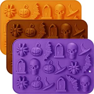 Halloween Silicone Chocolate Molds, 3 Pcs with Skull, Tombstone, Pumpkin, Bat, Witch Hat Shapes