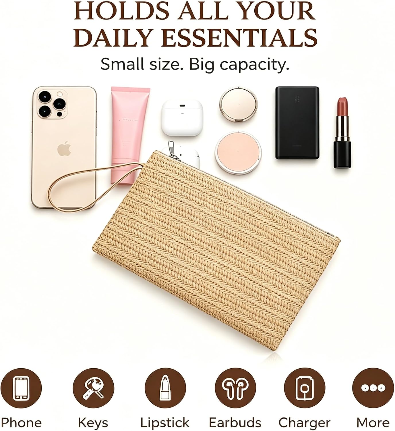 Women Straw Clutch Bag, 9.45 × 6.3 In, Hand-Woven Fine Straw Small Clutch Bag, Bohemian Wristlet Bag, Straw Clutch Purse with Handle, Zipper Wristlet Wallets for Girls Travel Work (khaki)