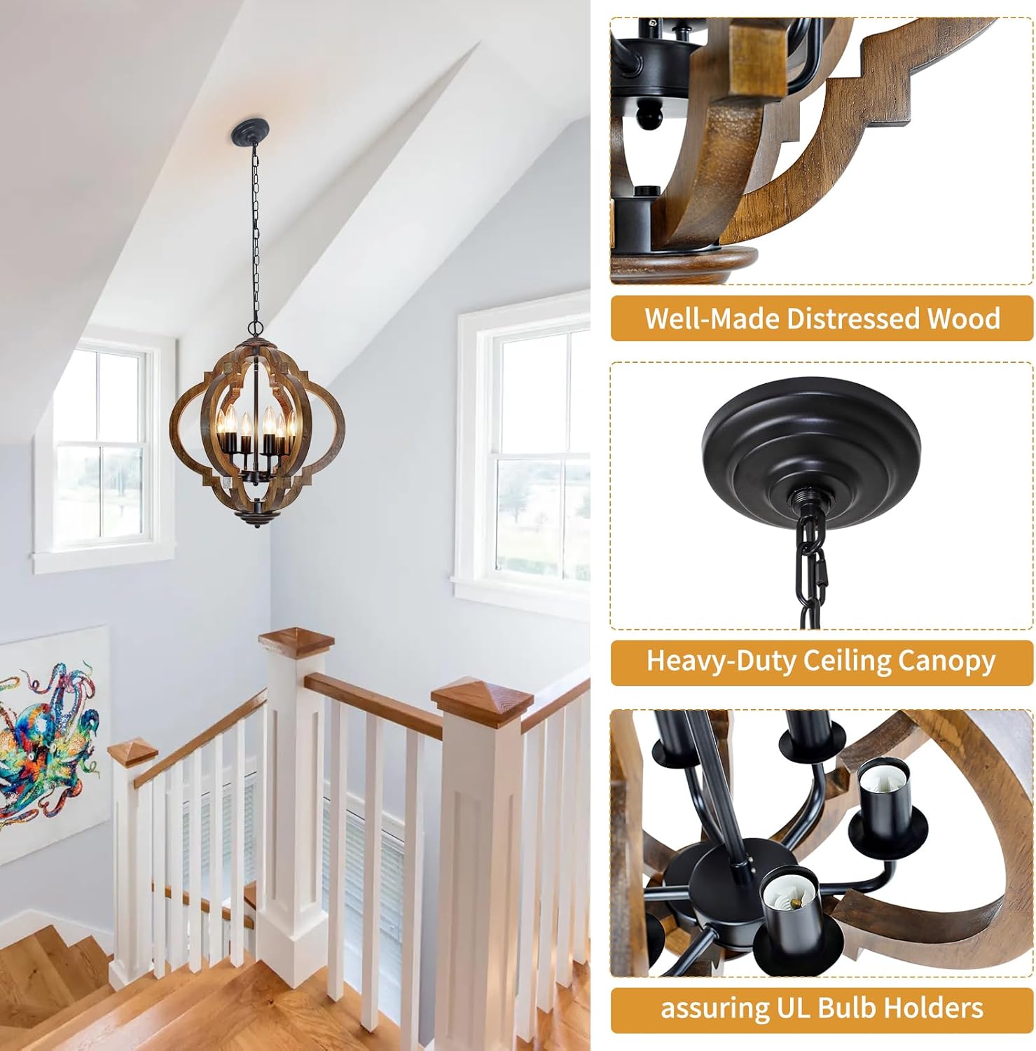 Farmhouse Chandelier for Dining Room, 6-Light Rustic Chandelier Over Kitchen Table. French Country Farmhouse Light Fixture for Entryway, Foyer, Bedroom & Living Room