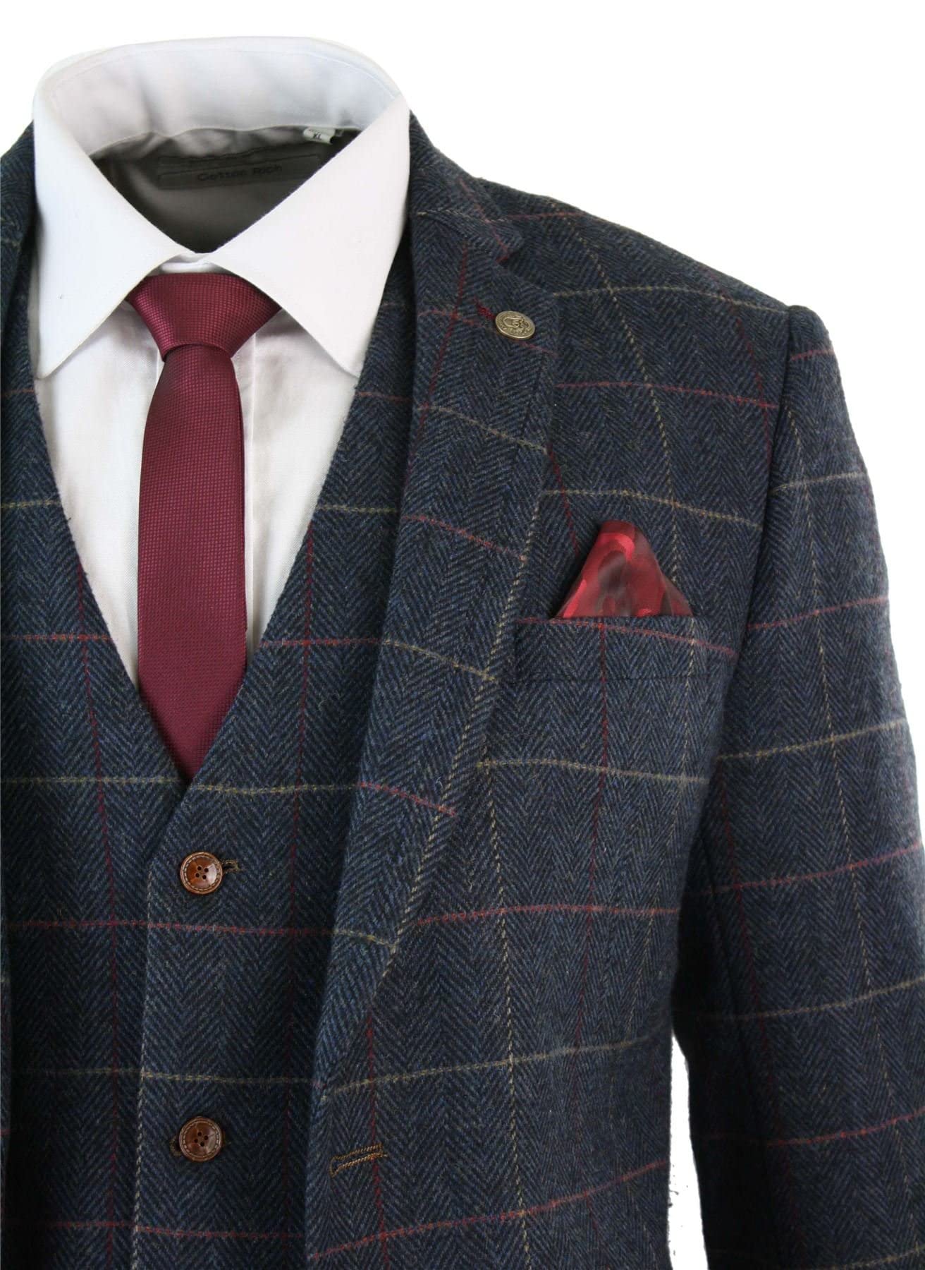 Uomo Abito a Spina di Pesce a Scacchi Set di 3 Pezzi Giacca Formale da Ballo Gilet e Pantaloni