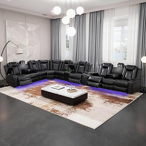 Power Recliner Sectional Sofa Set for Living Room Furniture，Leather Reclining