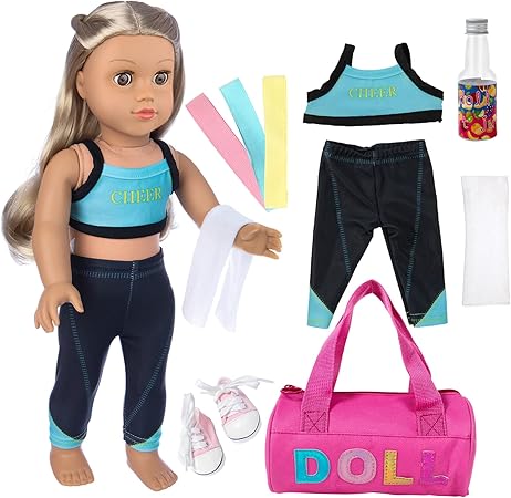 Ecore Fun 8 Piece 18 Inch Girl Doll Clothes and Accessories Set Include Yoga Sport Clothes Shoes Yoga Bands Towel Drink and Bag