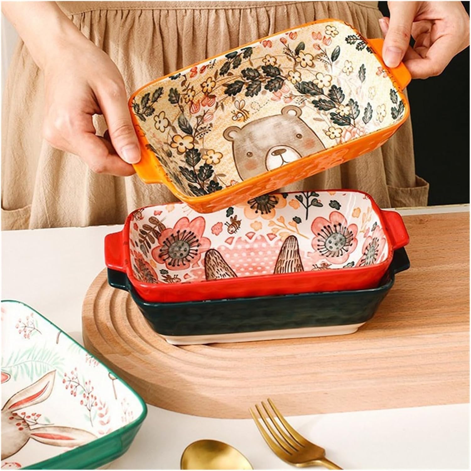 Ceramic Baking Pan, Forest Animals Pattern Tableware With Handle Salad Bowl Au Gratin Dish(Rabbit B rectangular)