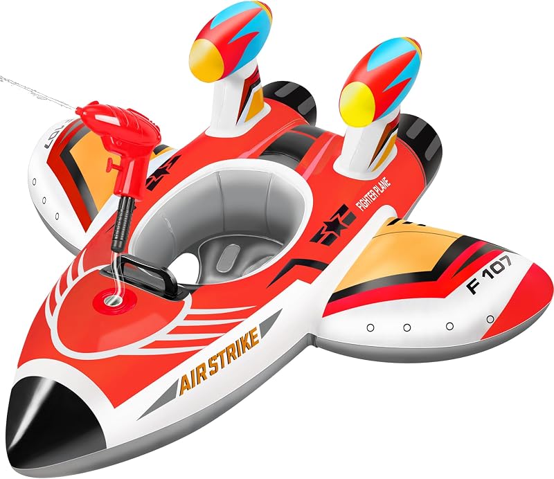 Flotador de pileta para niños, avión inflable, flotadores de pileta, barco con pistola de agua y mango, flotadores de pileta para niños pequeños, juguetes inflables para pileta, juegos de verano para pileta de agua al aire libre, juguetes de playa para niños de 3 a 6 años