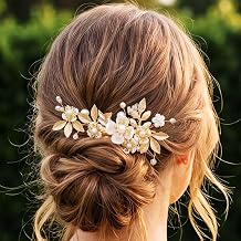 JEAIRTS Flower Bridal Hair Clip Gold Leaf Headpiece Pearl Wedding Hair Accessories for Women