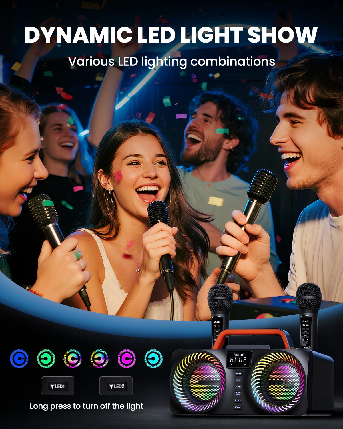 Máquina de Karaoke SORDA Para Adultos y Niños, Altavoz Bluetooth Portátil de 80 W, 2 Micrófonos Inalámbricos, Ajuste de Eco, Compatible con USB/AUX, Ideal Para Reuniones, Fiestas y Regalos
