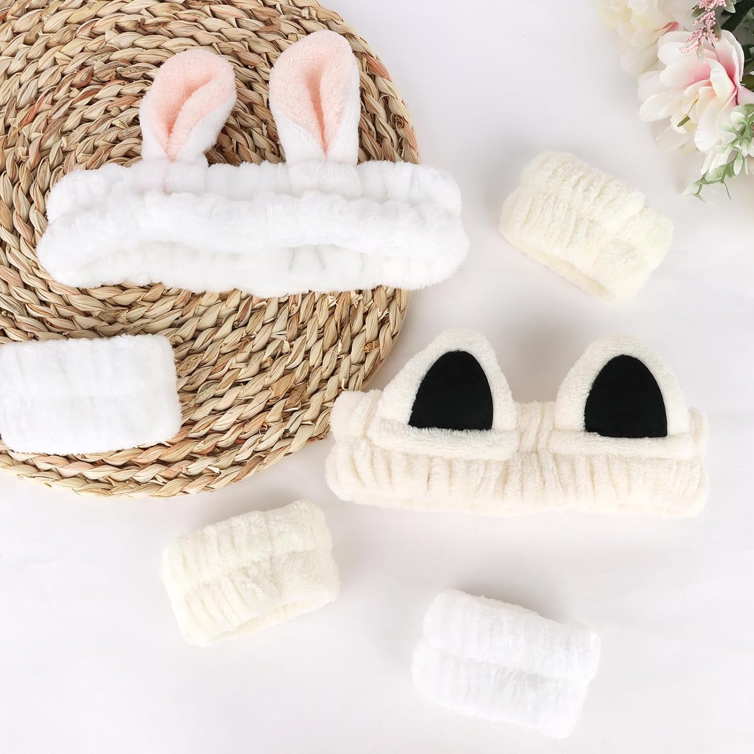 6pcs Ears Spa Headband and Wristband Set, Cute Cat Ears and Bunny Ears Makeup Headbands for Washing Face, Coral Fleece Elastic Head Band for Women Girls - Image 7
