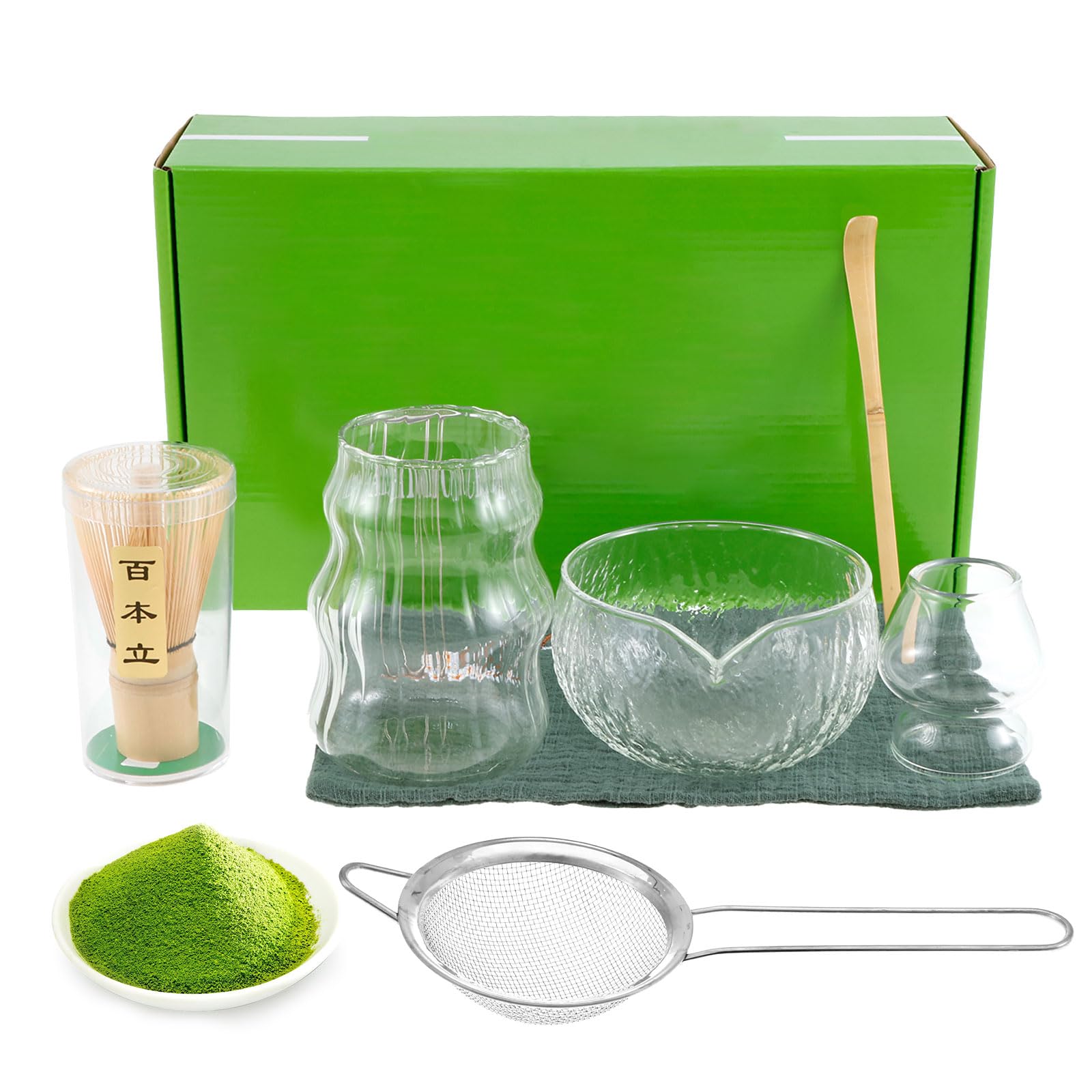 Muyoka 7Pcs Matcha Whisk Set, Clear Glass Japanese Matcha Tea Set Handcrafted Bamboo Matcha Whisk Set with Bowl & Cup & Whisk & Whisk Holder & Sifter for Tea Lovers