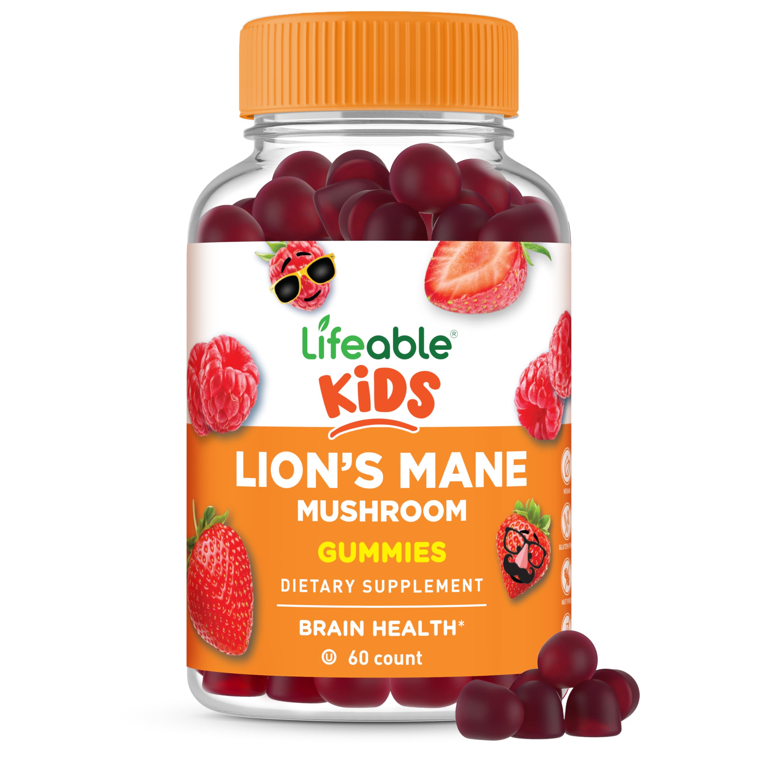 Lifeable Lions Mane Gummies for Kids | Great Tasting Lions Mane Mushroom Supplement | Vegan, Kosher Kids Mushroom Gummies | Brain Support | 60 Count