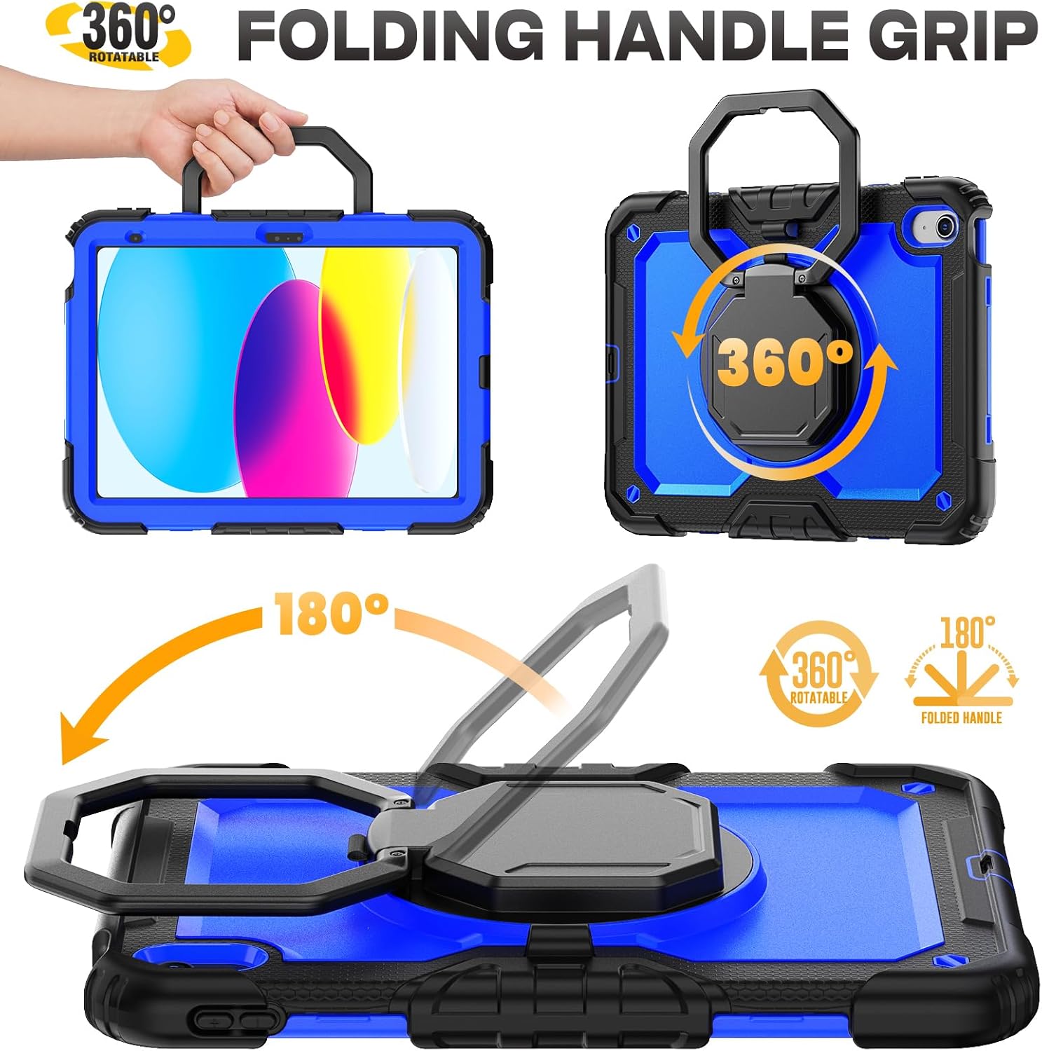 SEYMAC stock Shockproof Tablet Case for iPad (A16) 11th/10th Generation 11''/10.9'', Full-Body Drop Protection Case with Pencil Holder & [360 Ring Handle Stand] Screen Protector (Blue)