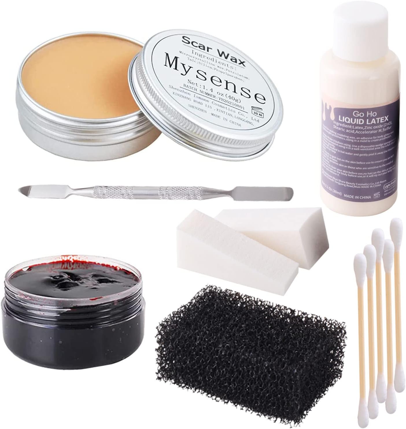 Liquid Latex Scar Wax SFX Makeup Kit for Fake Scars Wounds Burns With Coagulated Blood Gel and Spatula Sponges Q-tips