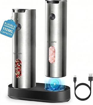 Electric Salt and Pepper Grinder Set with Rechargeable Base - Upgraded Large Capacity, Refillable Pepper Mill Set with LED Light & Adjustable Coarseness, Ideal for Kitchen, Outdoor Polished Silver