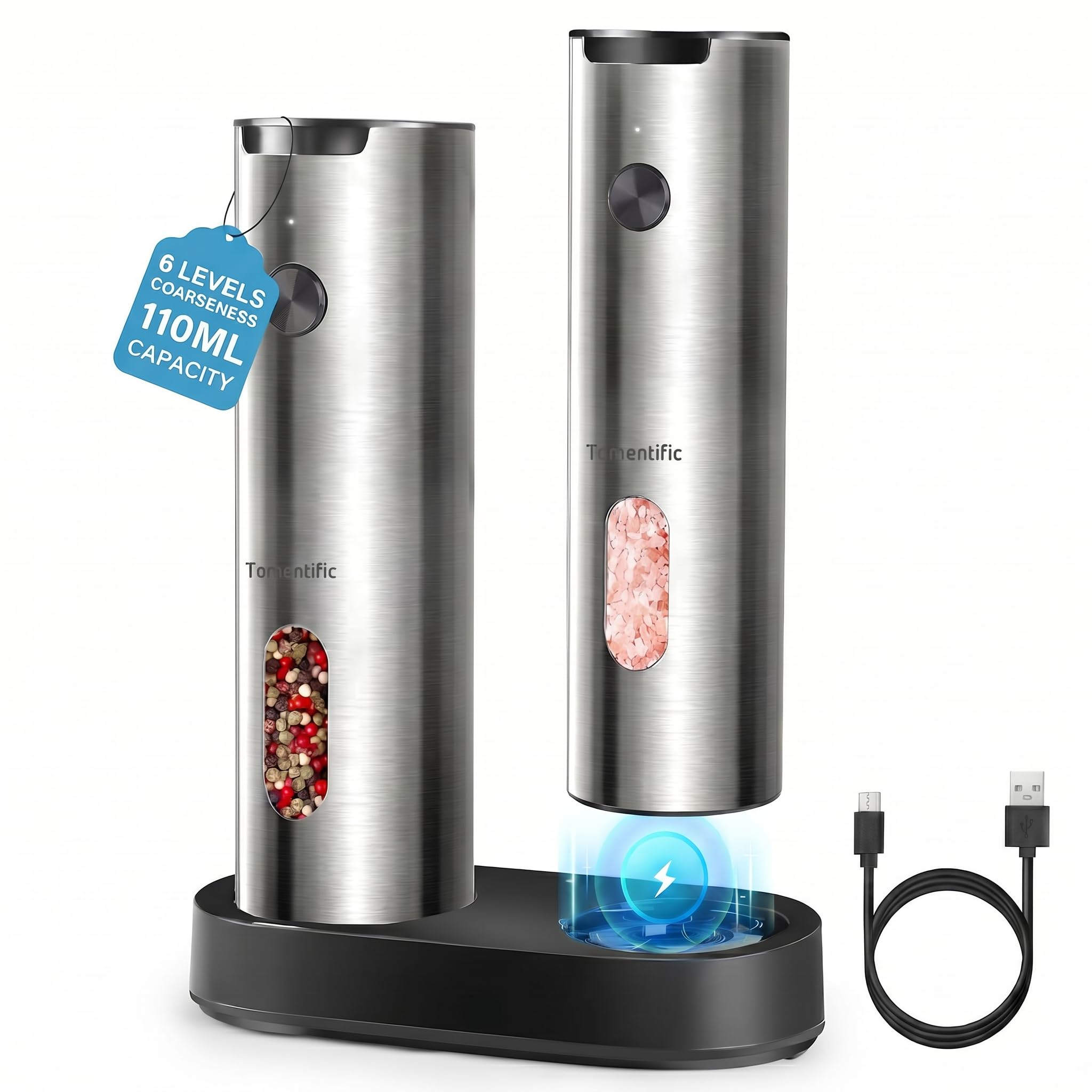 Set macina sale e pepe elettrico con base ricaricabile, grande capacità, set di macinapepe ricaricabile con luce LED e grana regolabile, ideale per cucina, all'aperto, barbecue e regali