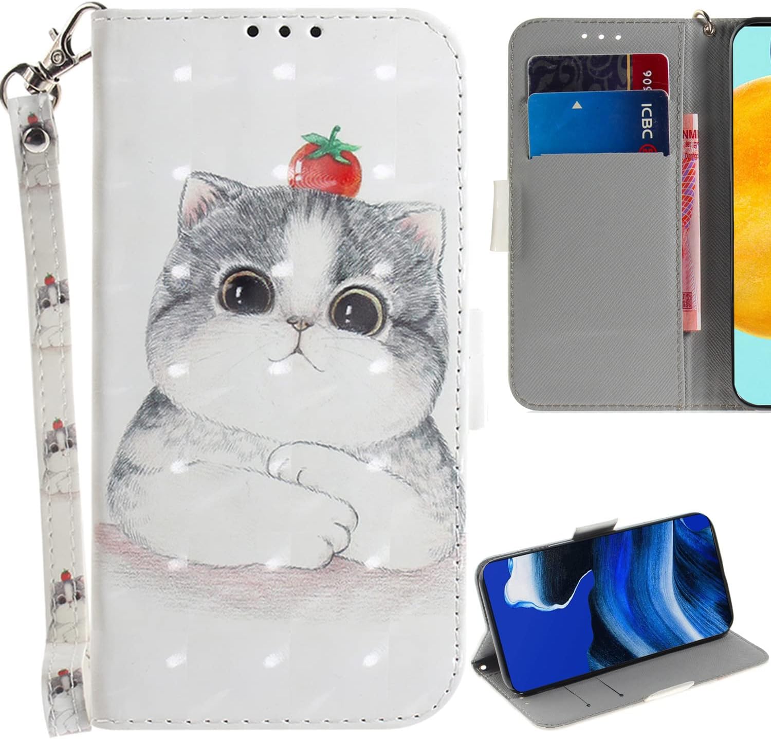 GXLONG Ooboom Funda para Xiaomi Redmi 10A, 3D Magnético Flip Wallet Case Cover Carcasa Piel PU Billetera Soporte con Ranuras Tarjetas Cierre Correa de Muñeca - Gato Tomate