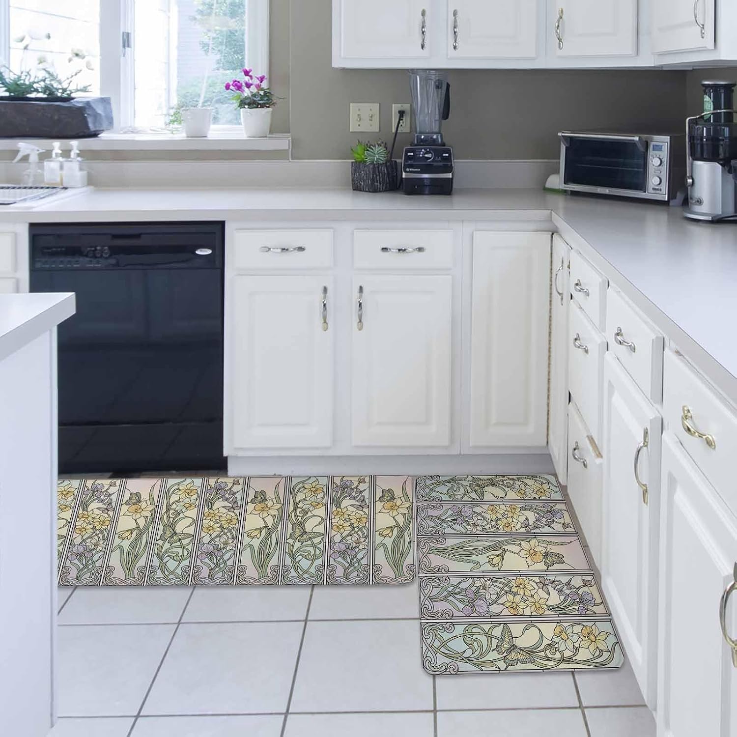 Butterflies Flowers Kitchen Rugs and Mats Set of 2, Non-Slip Kitchen Sink Mat, Vintage Geometric Colorful Glass Floral Washable Doormat Bathroom Rugs Runner for Bedroom/Living Room 17.7"x30"+17.7"x59"