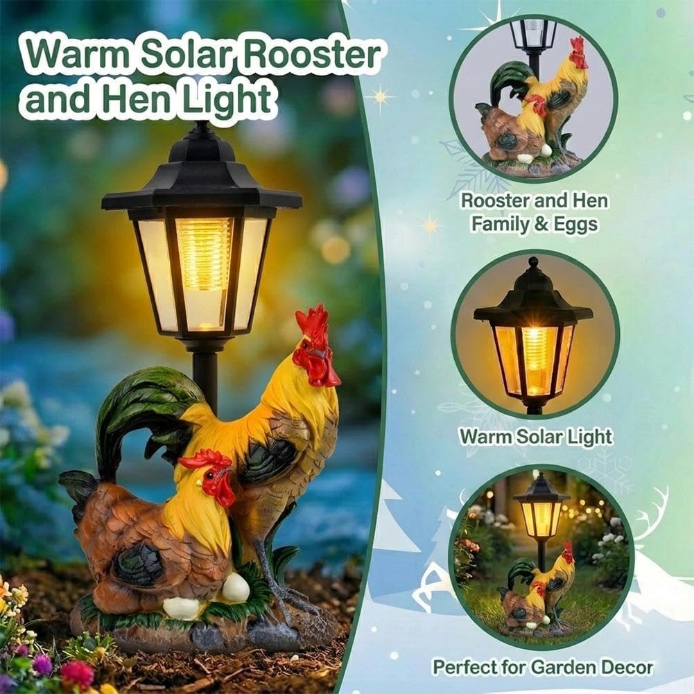 Solar Chicken Garden Statue - Rooster and Hen Family Farm Decor with Solar Light, Outdoor Yard Lawn Patio Ornament, Unique Gift for Mom Grandma