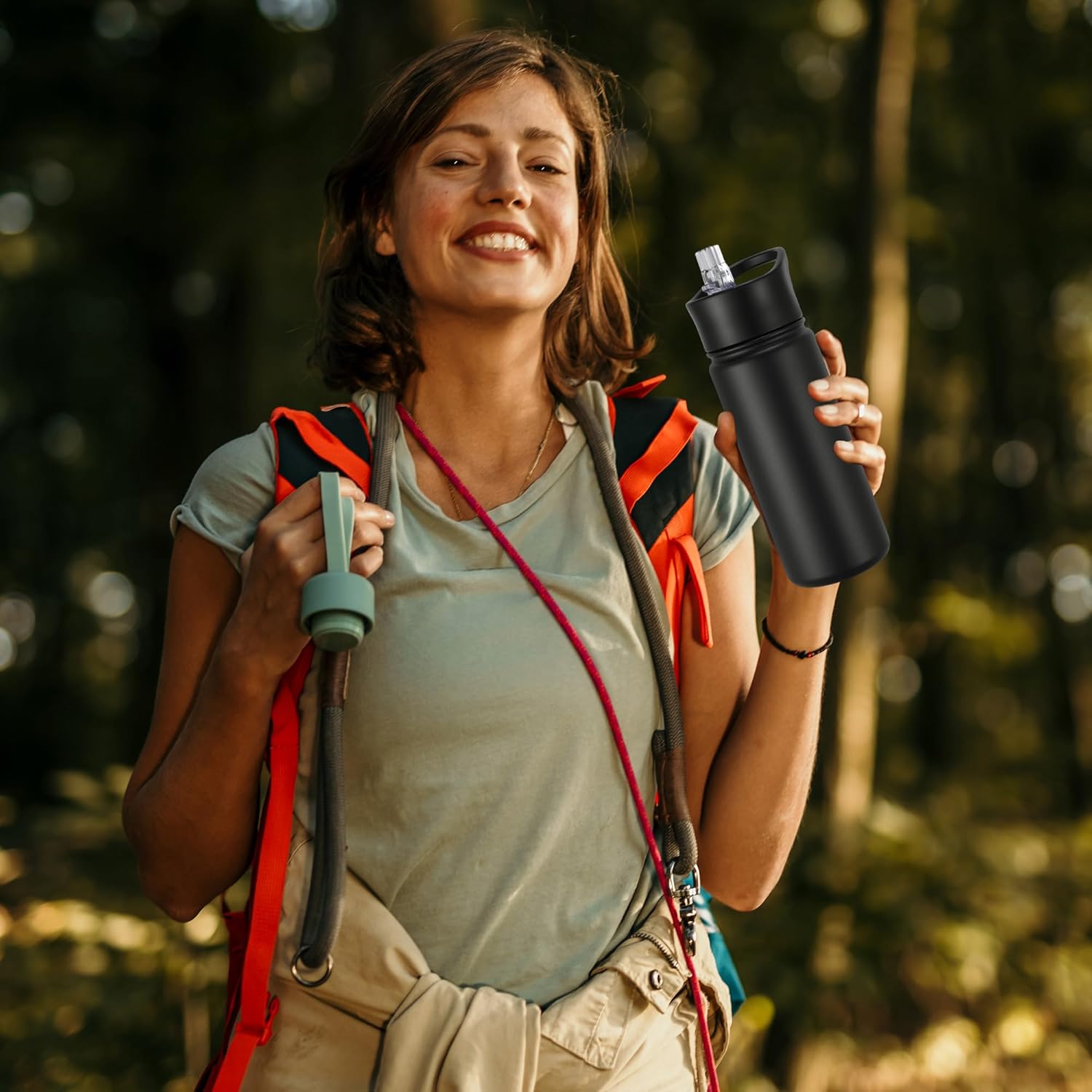 16 oz Insulated Water Bottle with Straw Lids, Stainless Steel Kids Water Bottles for School, Double Wall Vacuum Metal Water Bottle with Straw & Wide Mouth Lid, Black 1 Pack - Image 5