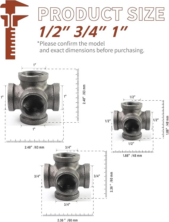 Black 5-way Side Exit Cross,Cast Iron Pipe Fitting Cast Iron Angle Pipe Fitting for Vintage Style DIY Projects/Furniture/Shelves (Pack of 1) (1/2 INCH)