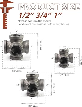 Black 5-way Side Exit Cross,Cast Iron Pipe Fitting Cast Iron Angle Pipe Fitting for Vintage Style DIY Projects/Furniture/Shelves (Pack of 1) (1/2 INCH)