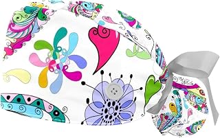 2PCS Working Hats for Men Floral Butterlies Adjustable Women Work Caps Bouffant Hats with Sweatband, Multi, One Size