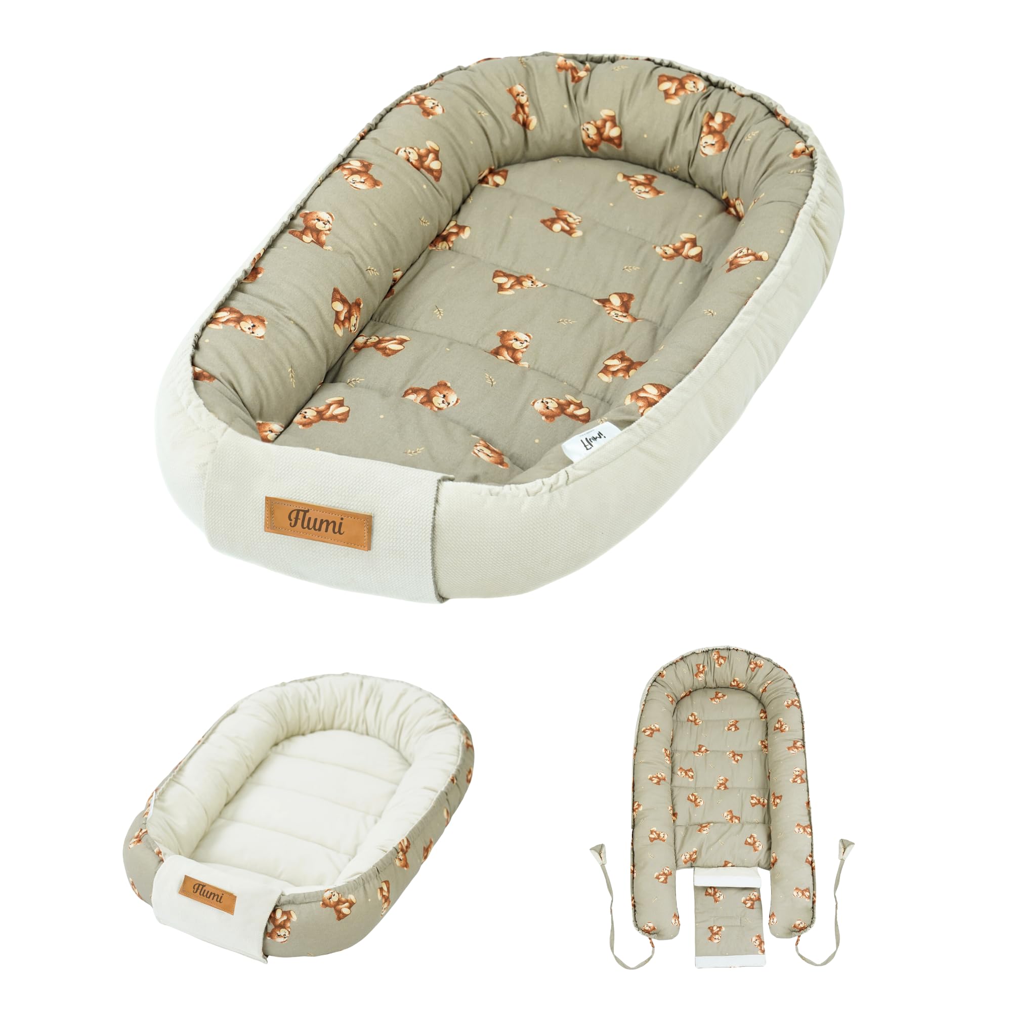 Baby Nest Pod for Newborn, Reversible Baby Lounger 0–12 Months, Cotton & Velvet Infant Nest, Baby Essentials, Personalised Baby Gift (Beige + Teddies)