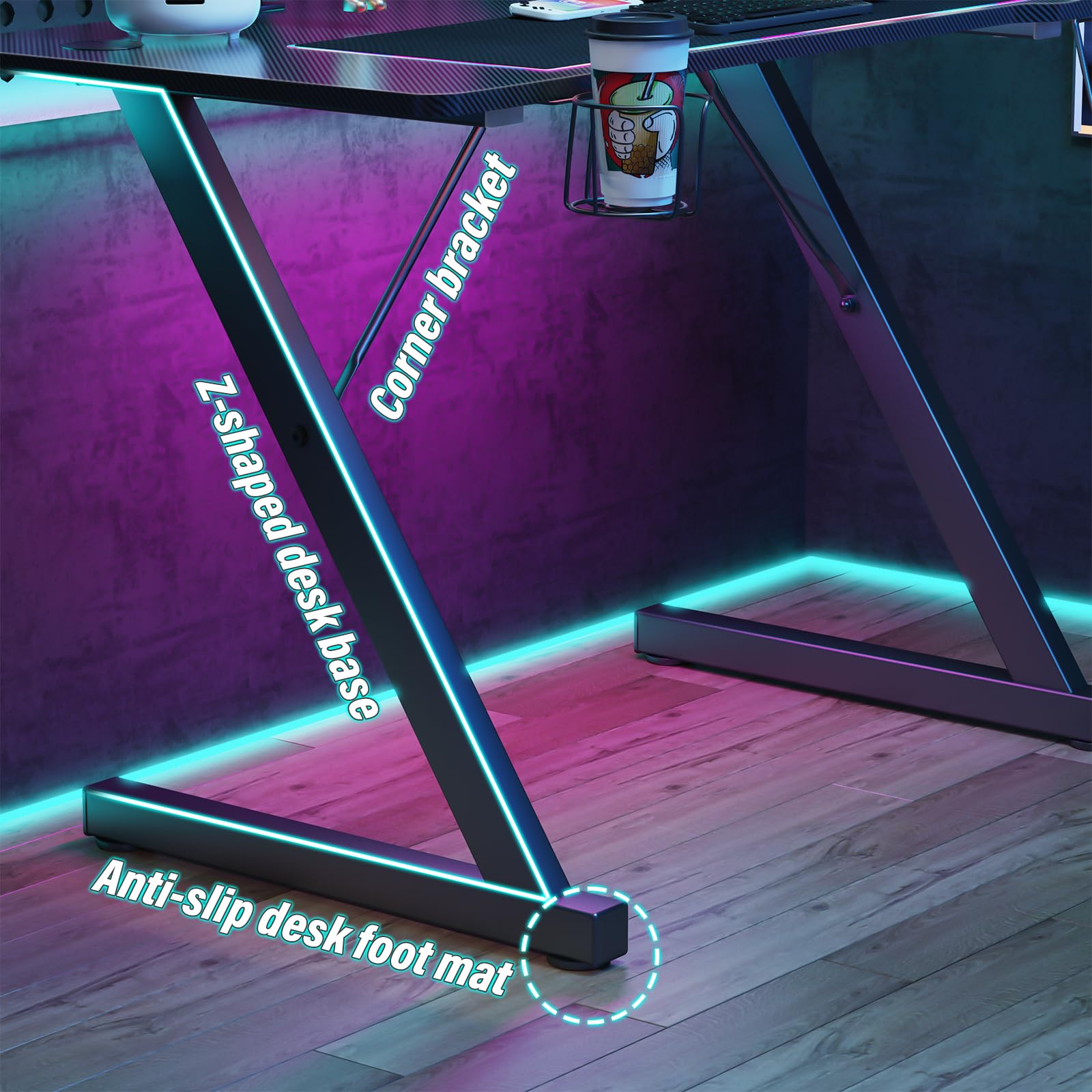 Muvip PRO300 Tavolo Da Gioco In Fibra Di Carbonio Con Luce RGB - Solido - Ampia Superficie Portabicchieri Gancio Per Cuffie Misura 120x60x75cm Colore Nero P 230299