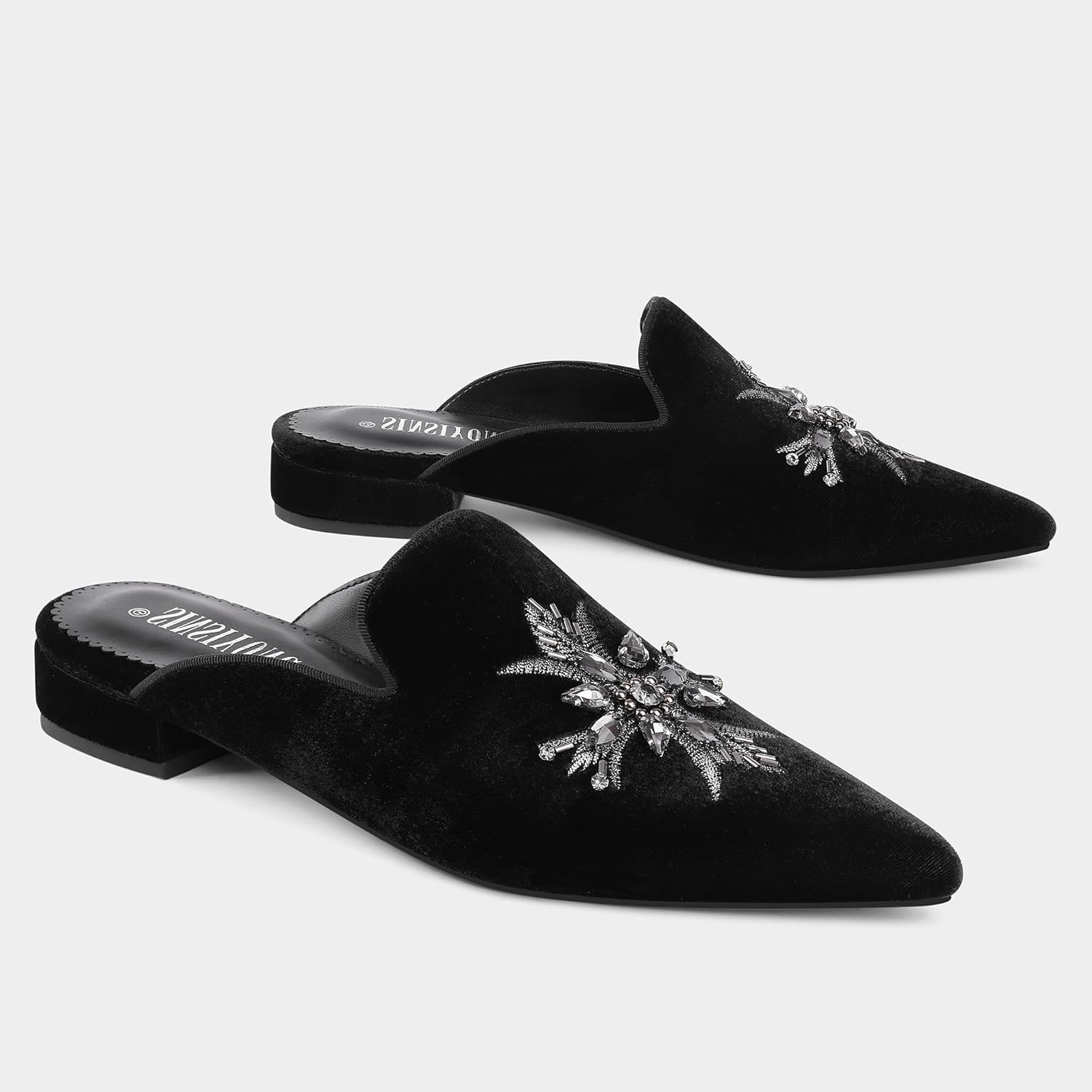 Embroidered Mules for Women Pointed Toe Bejeweled Backless Velvet Flats Slides with Cruciate Flower Pattern - Image 5