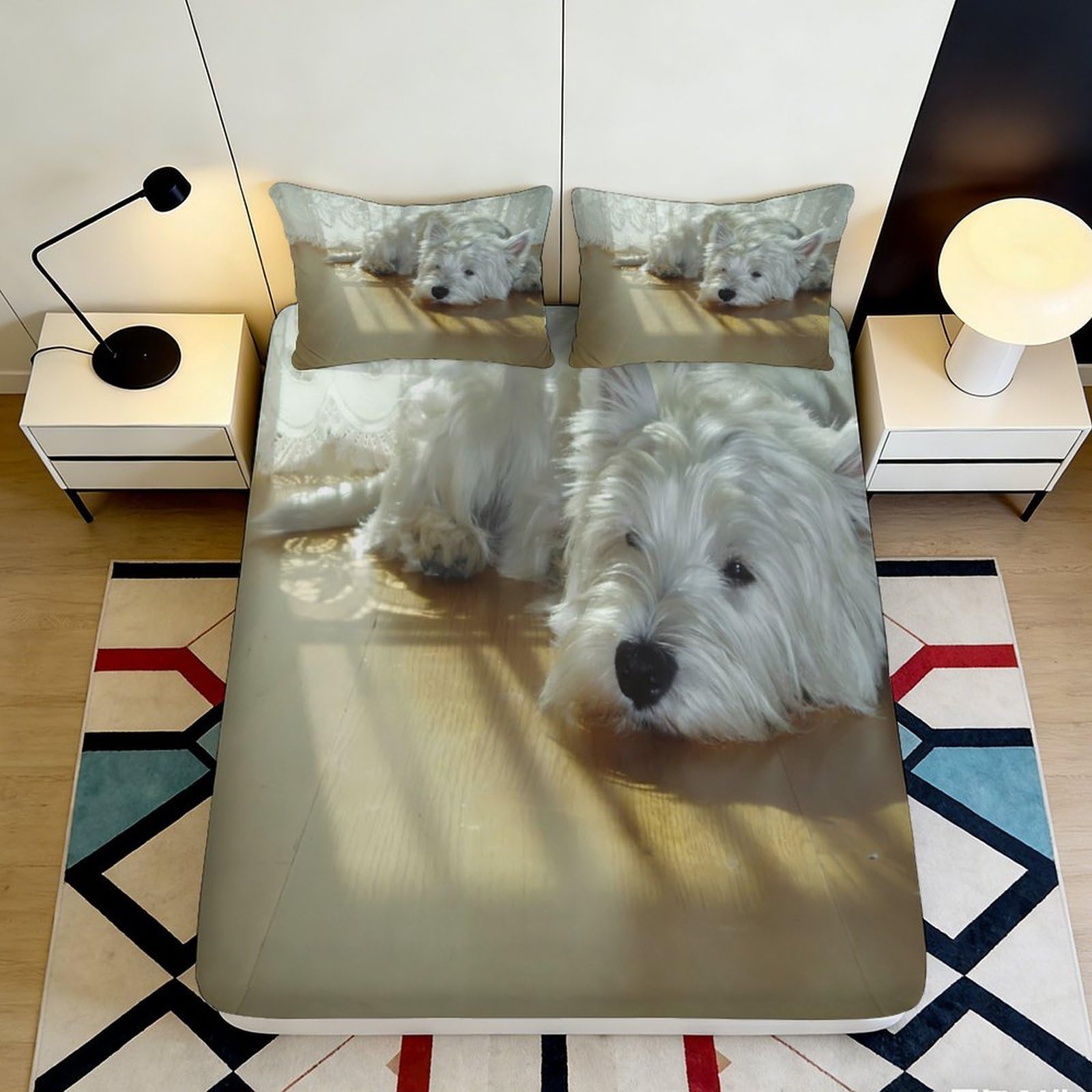3D Printed Westie Dog Fitted Sheet Microfiber Soft Bedroom Decor White Puppy Mattress Cover for Home Guest Room 90x200x25cm