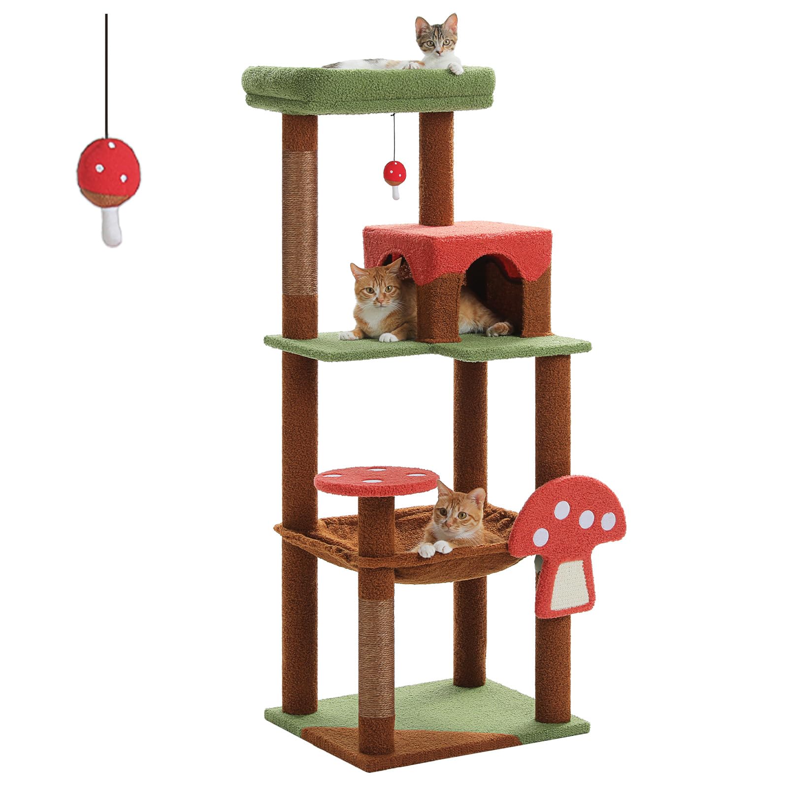 PAWZ Road Katzenbaum mit Metall-Plüsch-Hängematte, Katzenturm für ausgewachsene Katzen mit 2-türigem Condo-Haus, 6-stufige Katzenregale mit Kratzpfosten und großer oberer Sitzstange Braun 143cm