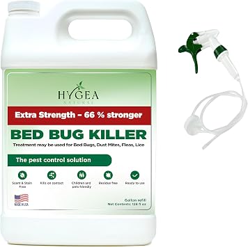 Hygea Natural Extra Strength Bed Bug Killer & Mite Spray- Child & Pet Friendly - Stain & Odor Free - 66% Stronger Natural Formula (128 oz)