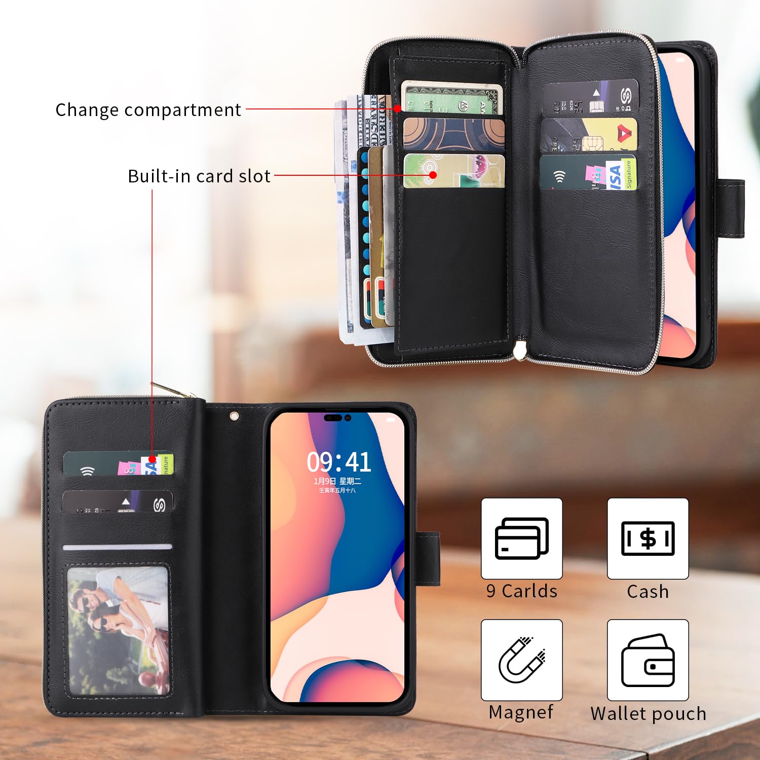 Unichthy For iPhone 16 Case 9 Card Holder Zipper Bag with Strap Shockproof Leather Flip Wallet Handbag Zip Pocket Phone Cover Stand Folio Magnetic Purse for iPhone 16 Black - Image 3