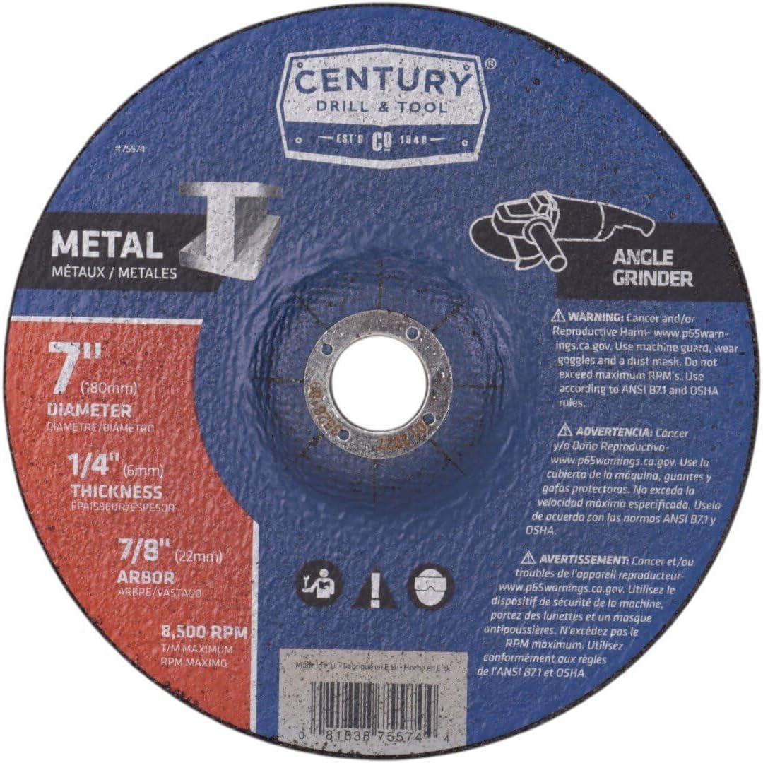 Century Drill & Tool 75574 Type 27 Metal Grinding Wheel, 7" X 7/8"