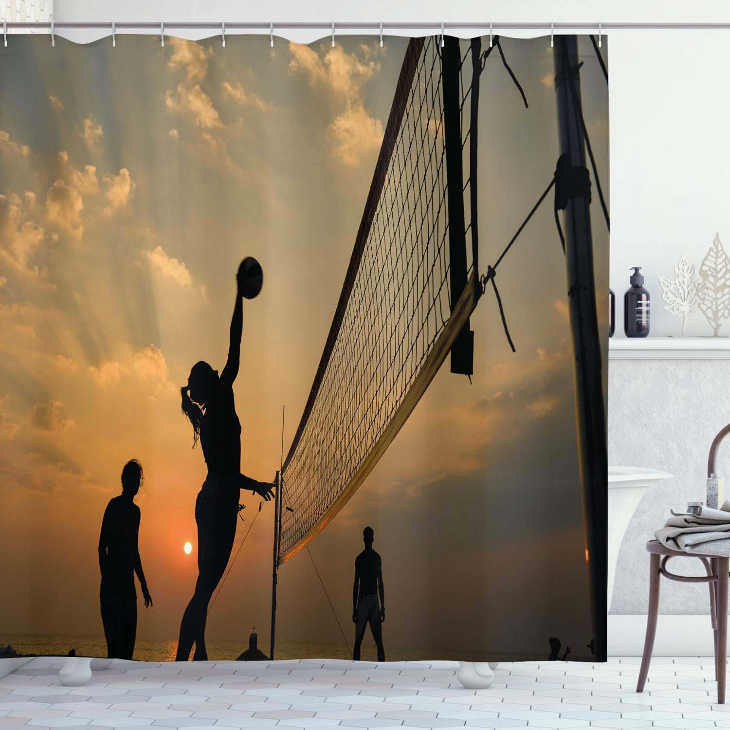 Lunarable Volleyball Shower Curtain, Beach Sports at Sunset Open Sky Net and Ball Activity Excitement Fun and Games, Cloth Fabric Bathroom Decor Set with Hooks, 69" W x 75" L, Multicolor