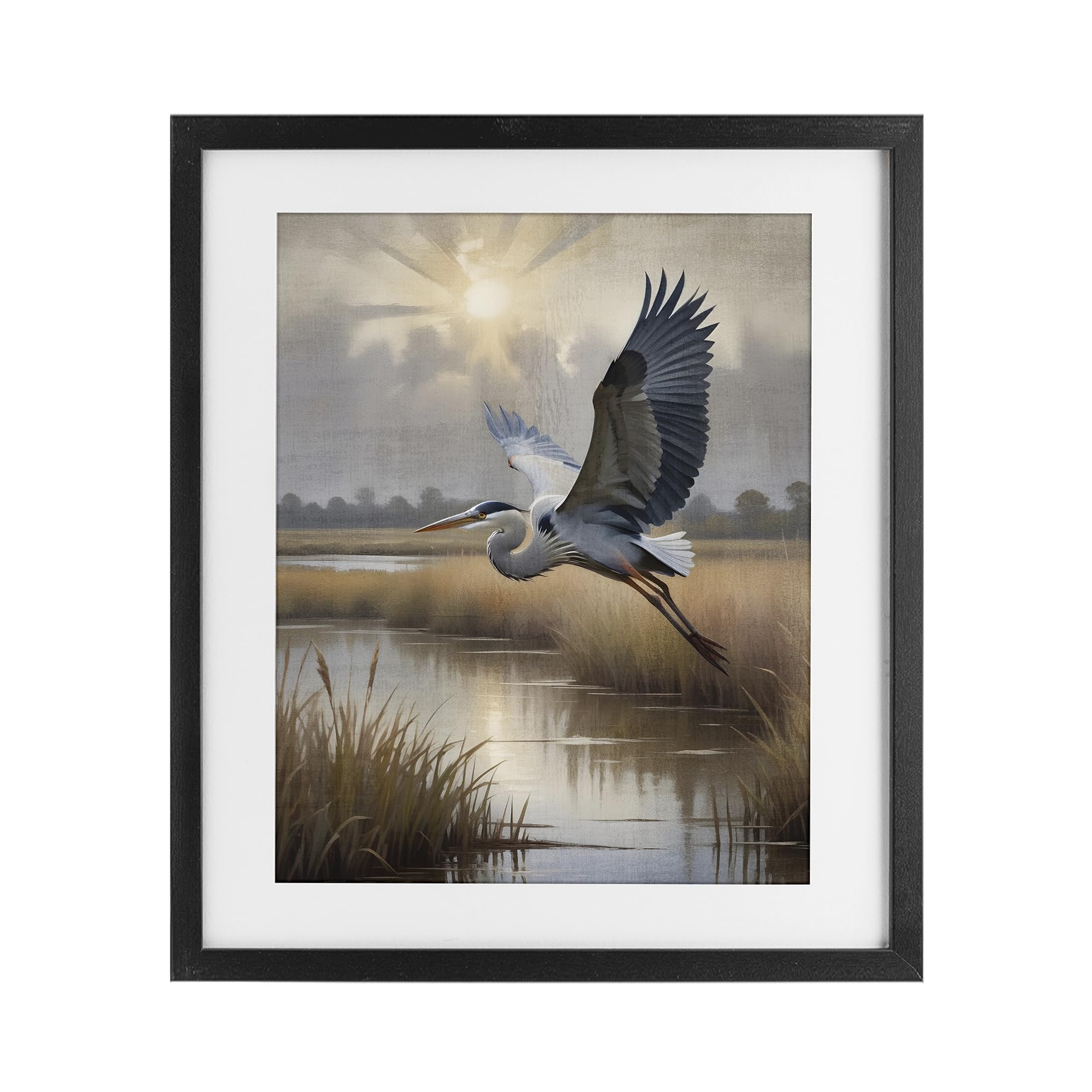 Stupell Industries 'Heron Flight over Wetlands', Framed Print Under Glass, Black, 17 x 21 Inches, Easy to Hang and Sturdy, Made in USA, by Susan Arnot