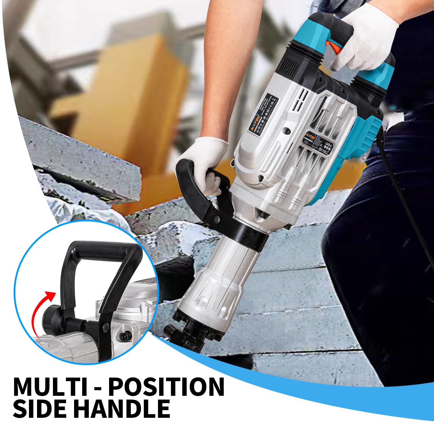 KATSU Tools Martillo Demoledor de 1700W, Fuerza de Impacto de 60J, 1900bpm, Antivibración, Mango Lateral Multiposición, Cinceles Puntero y Plano, Maletín de Transporte, Modelo 101107