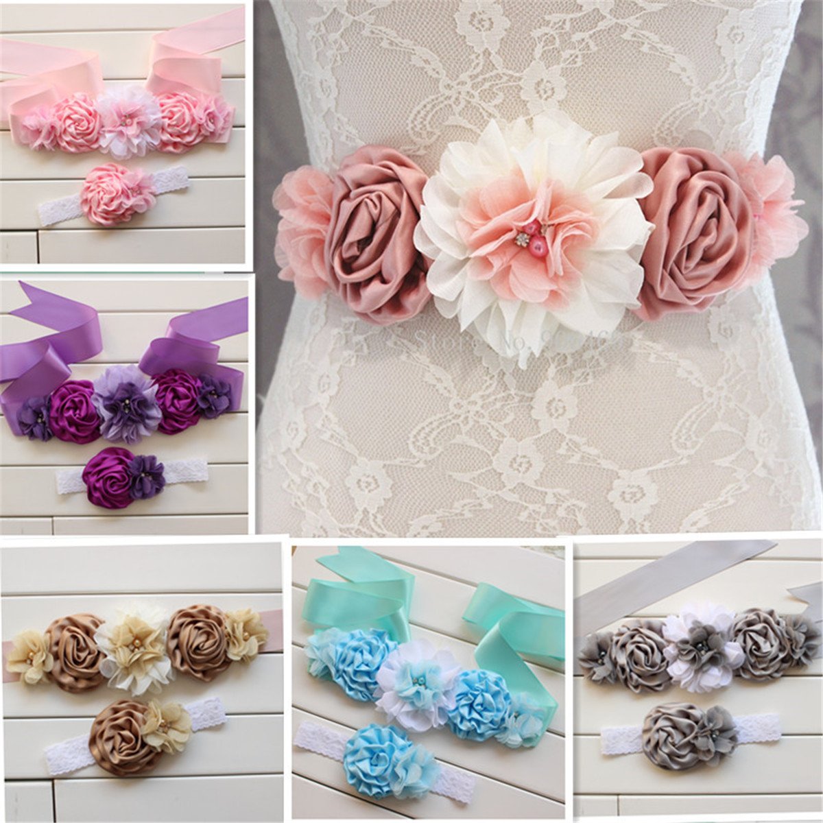 Fashion Damen Satin Seide SchäRpe Blume GüRtel GüRtel FüR Hochzeit Braut Retro Rose Pearl Mutterschaft SchäRpe Stirnband