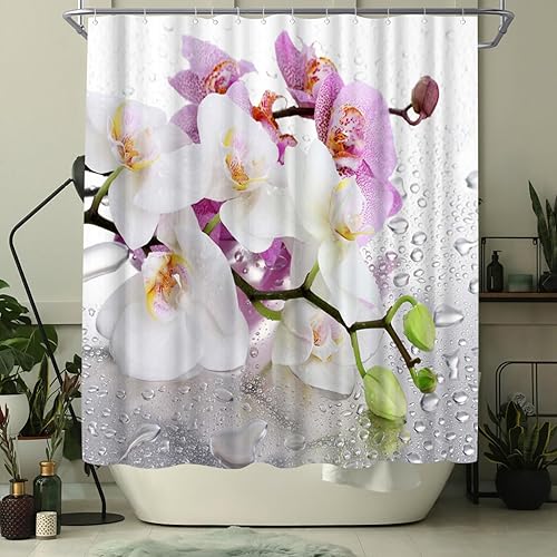 Miniatura 3 de WELMECO Cortina de ducha de flores de orquídea, cortina de ducha floral de 72 x 72 pulgadas, tela de poliéster, decoración de baño