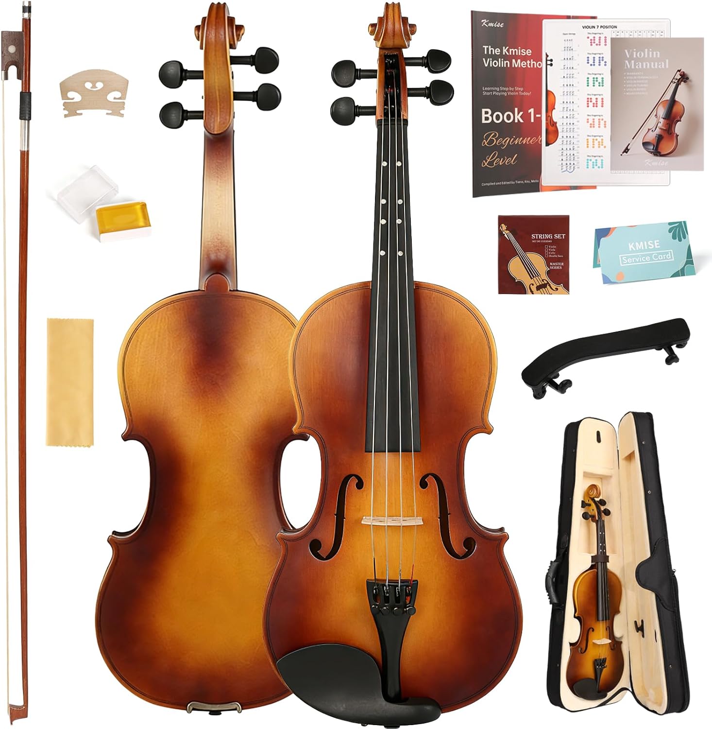 Kmise 4/4 Full Size Acoustic Violin Set with Case, Bow, Rosin, Strings, Shoulder Rest, Beginner Guide, Matte Finish, Fingerboard Fret Markers for Students (4/4)