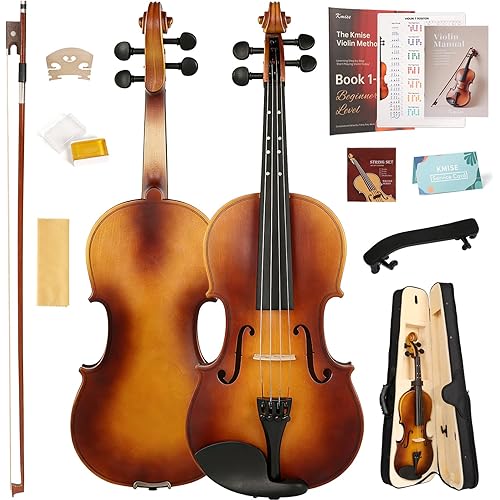 Kmise 4/4 Full Size Acoustic Violin Set with Case, Bow, Rosin, Strings, Shoulder Rest, Beginner Guide, Matte Finish, Fingerboard Fret Markers for Students (4/4)