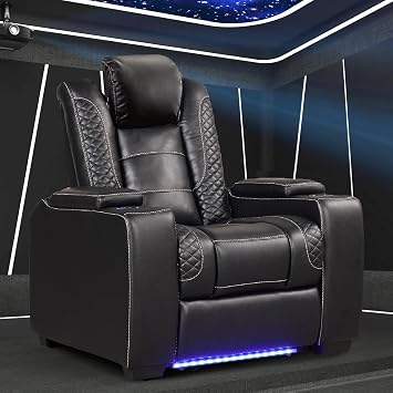 ANJ Power Home Theater Seating Recliner Chairs, PU Leather Recliner with Cup Holders, Electric Movie Theater Reclining Chairs with Adjustable Powered Headrest, LED Lights, Hidden Arm Storage Black