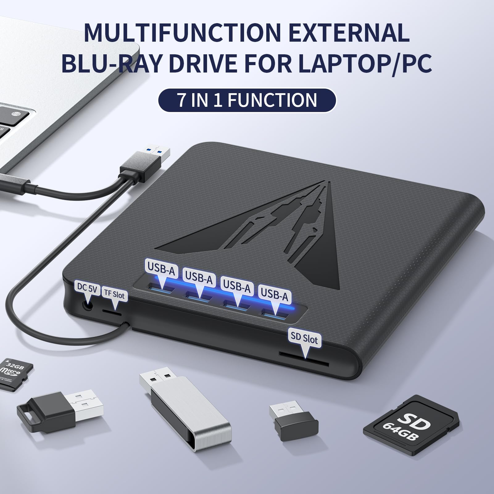 Unidad Blu Ray externa 7 en 1 y quemador para PC portátil, grabadora Blu Ray/DVD/CD portátil con soporte de disco de 100 GB, lector de tarjetas SD/TF y hub USB 3.0 para Windows MacOS Linux