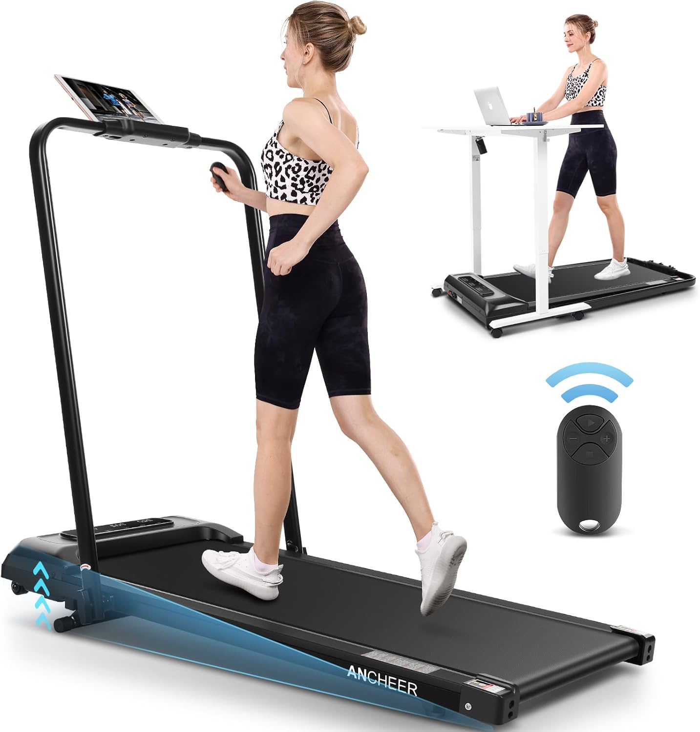 Folding Treadmill with Incline,4 in 1 Foldable Walking Pad with Handle Bar,Under Desk Treadmill for Home Office,Walking Pad Treadmill 300LBS Weight Capacity/Dual Control/LED Display