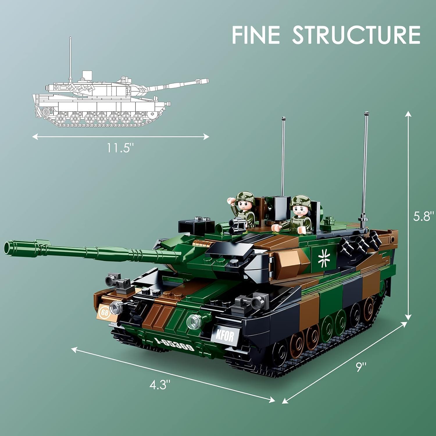 Front view of the Sluban Leopard 2A5 tank with dimensions indicated