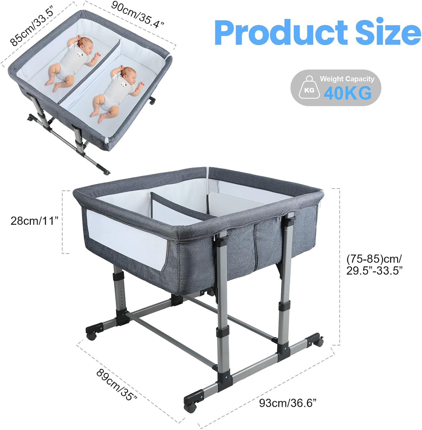 Baby Bassinet, Twin Bassinet with 6 Height Adjustable, Baby Delight Bassinet with Wheels and Mattress, Portable Twins Crib,Double Bedside Crib Attaches to Bed with Strap Holds up to 88lbs