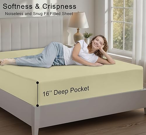 Miniatura 4 de RUVANTI Sábana bajera ajustable 100% algodón tamaño matrimonial  Sábana bajera de percal refrescante crujiente  transpirable y duradera  Bolsillo